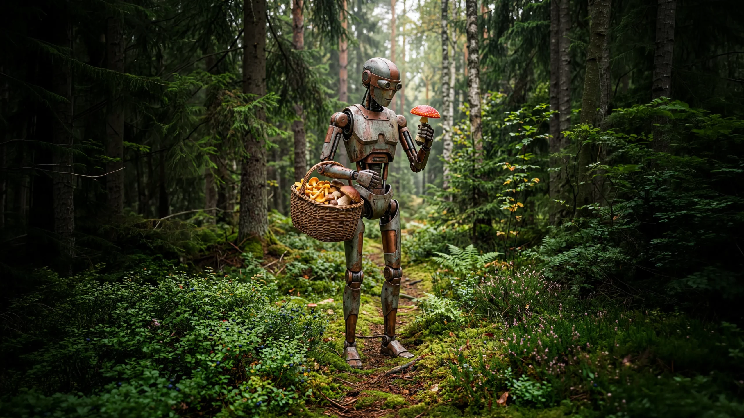 En robot i skogen som plocker svamp.